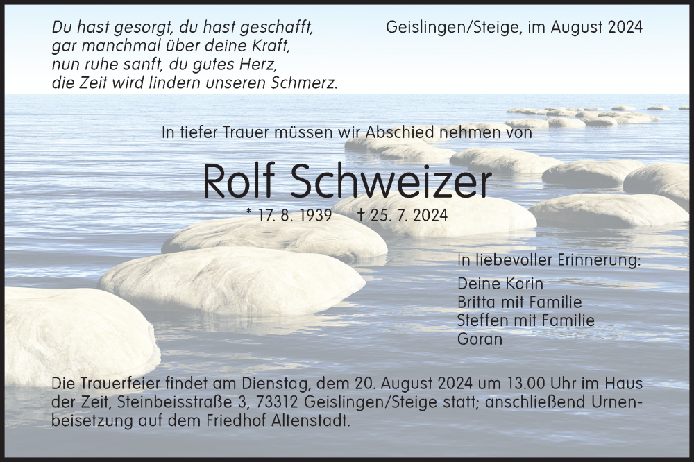  Traueranzeige für Rolf Schweizer vom 14.08.2024 aus Geislinger Zeitung