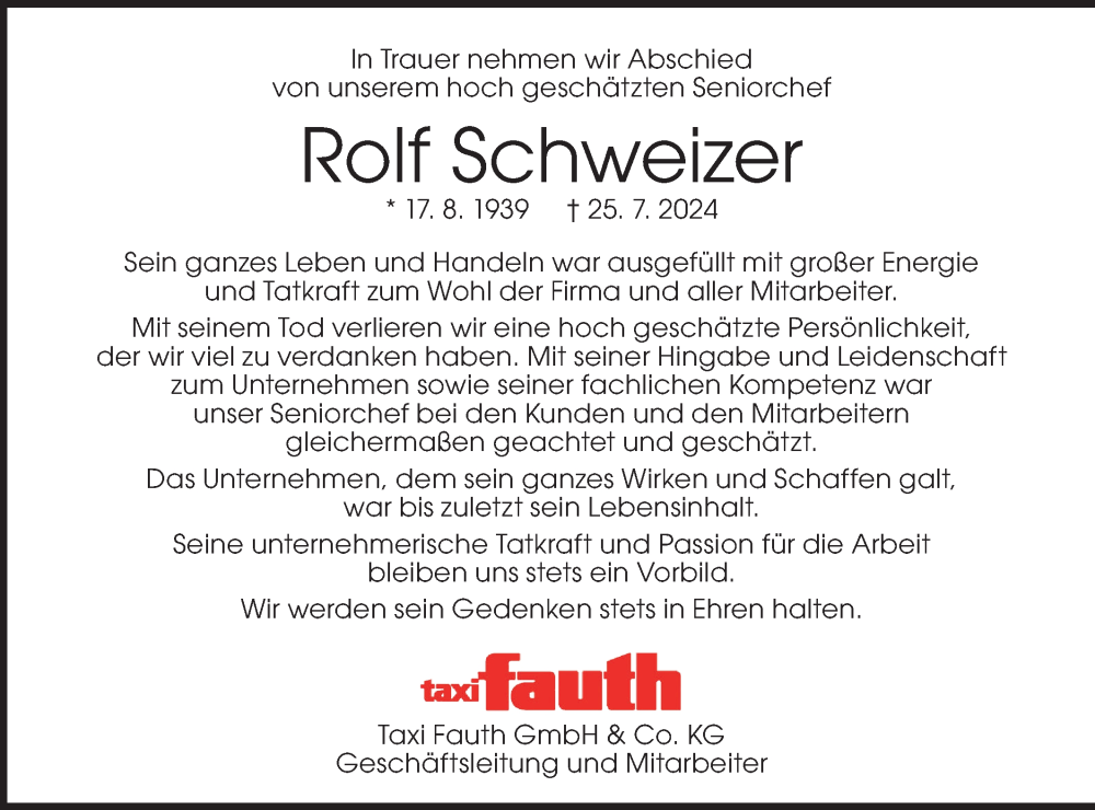  Traueranzeige für Rolf Schweizer vom 14.08.2024 aus Geislinger Zeitung