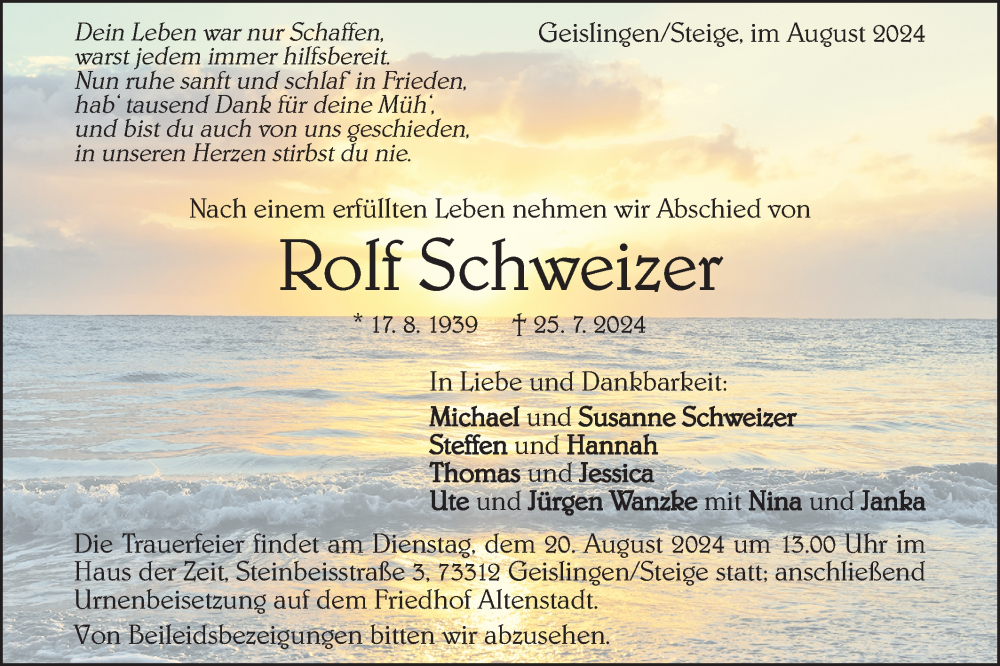  Traueranzeige für Rolf Schweizer vom 14.08.2024 aus NWZ Neue Württembergische Zeitung/Geislinger Zeitung