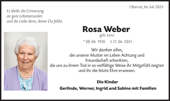 Traueranzeige von Rosa Weber von Rundschau Gaildorf