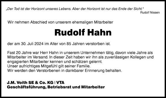 Traueranzeige von Rudolf Hahn von Hohenloher Tagblatt