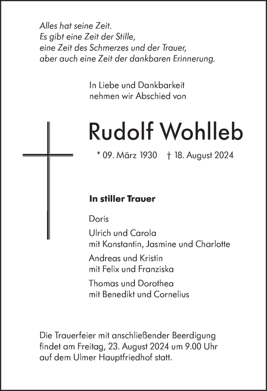 Traueranzeige von Rudolf Wohlleb von SÜDWEST PRESSE Ausgabe Ulm/Neu-Ulm