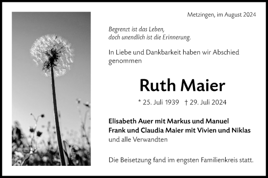 Traueranzeige von Ruth Maier von Alb-Bote/Metzinger-Uracher Volksblatt