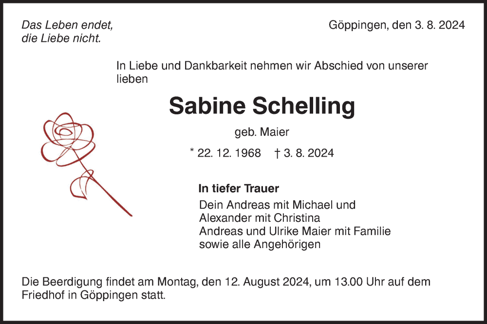  Traueranzeige für Sabine Schelling vom 07.08.2024 aus NWZ Neue Württembergische Zeitung