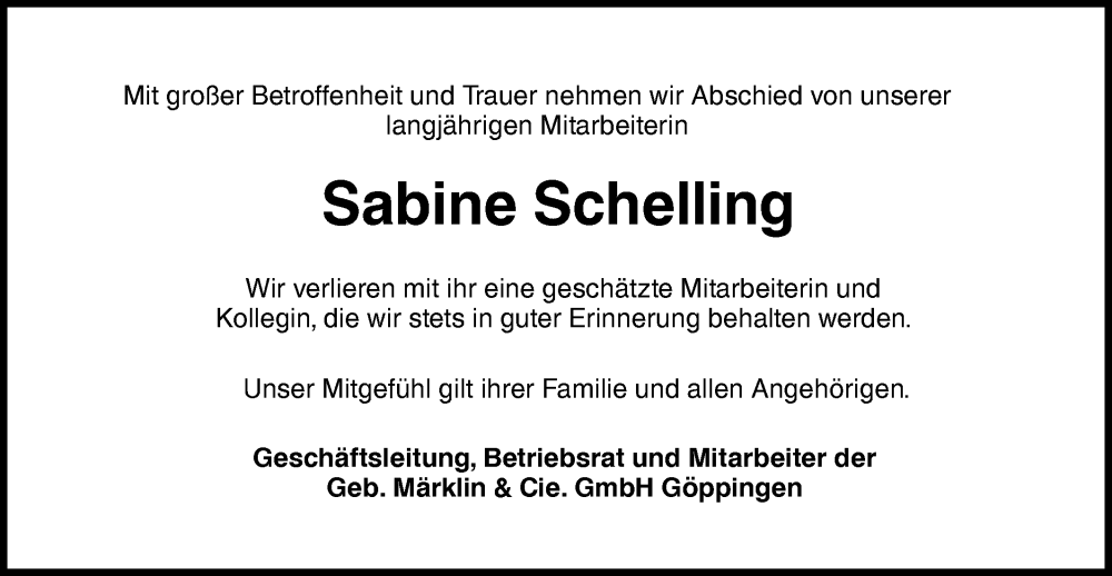  Traueranzeige für Sabine Schelling vom 07.08.2024 aus NWZ Neue Württembergische Zeitung