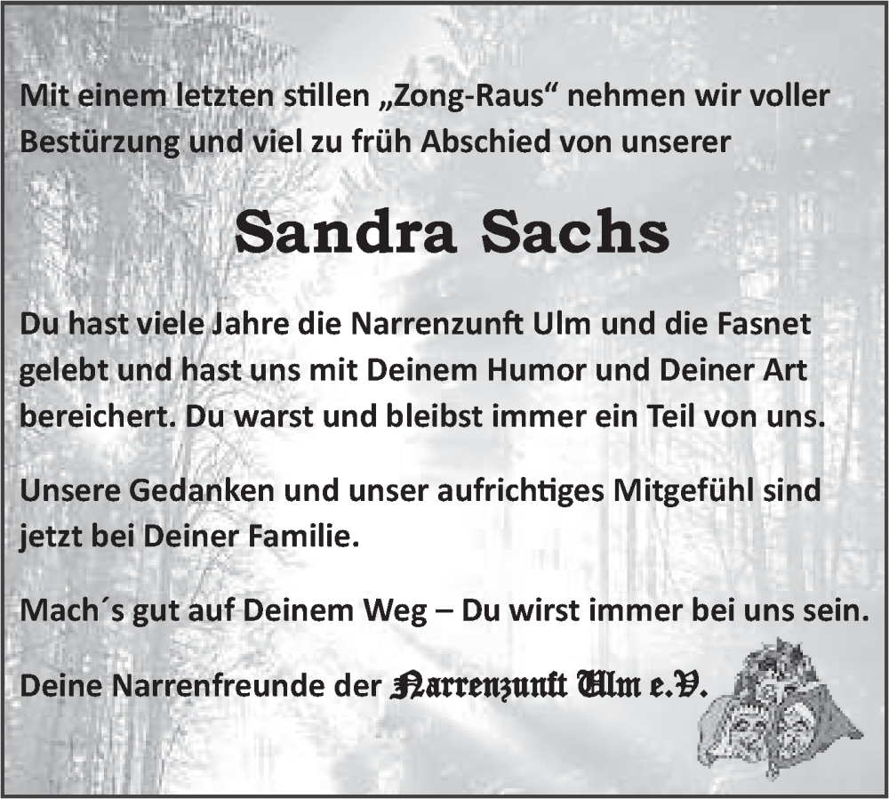  Traueranzeige für Sandra Sachs vom 27.08.2024 aus SÜDWEST PRESSE Ausgabe Ulm/Neu-Ulm