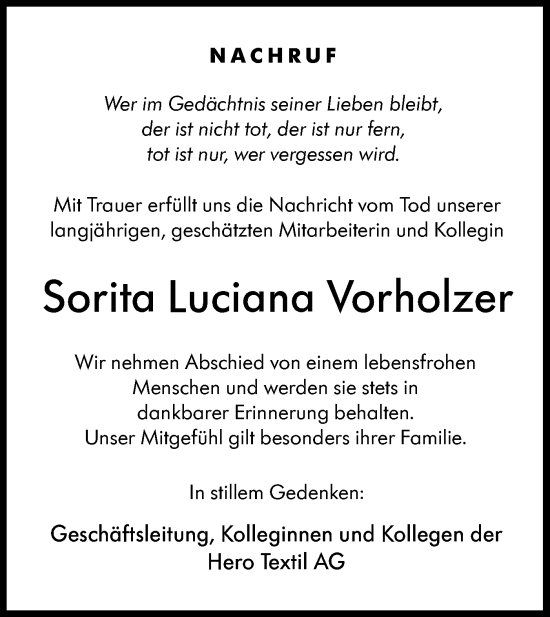 Traueranzeige von Sorita Luciana Vorholzer von Hohenloher Tagblatt