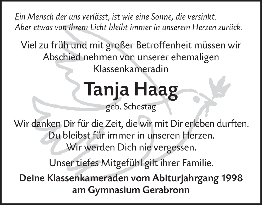  Traueranzeige für Tanja Haag vom 21.08.2024 aus Hohenloher Tagblatt