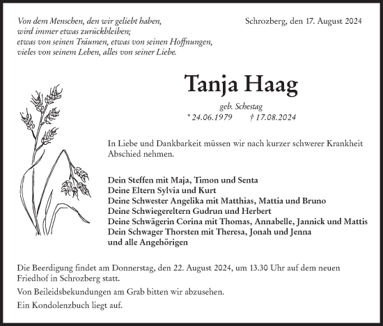 Traueranzeige von Tanja Haag von Hohenloher Tagblatt