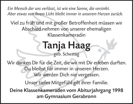 Traueranzeige von Tanja Haag von Hohenloher Tagblatt