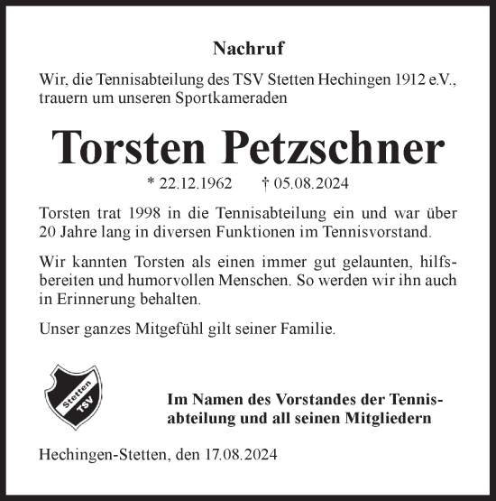 Traueranzeige von Torsten Petzschner von SÜDWEST PRESSE Zollernalbkreis/Hohenzollerische Zeitung