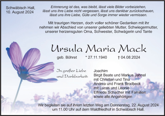 Traueranzeige von Ursula Maria Mack von Haller Tagblatt