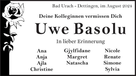 Traueranzeige von Uwe Basolu von Alb-Bote/Metzinger-Uracher Volksblatt