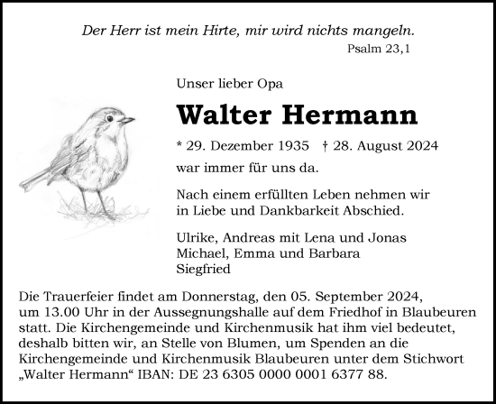 Traueranzeige von Walter Hermann von SÜDWEST PRESSE Ausgabe Ulm/Neu-Ulm