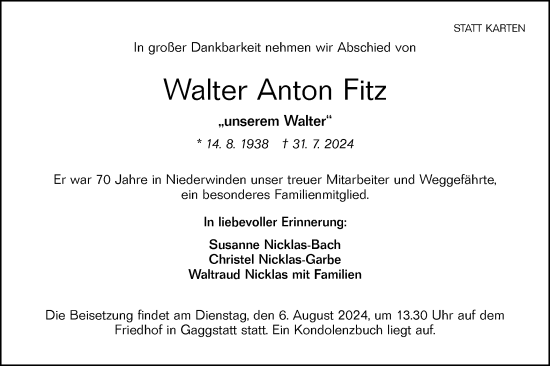 Traueranzeige von Walter Anton Fitz von Hohenloher Tagblatt