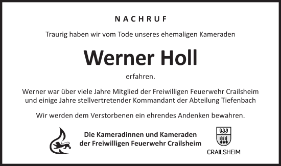 Traueranzeige von Werner Holl von Hohenloher Tagblatt