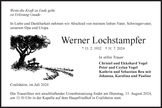 Traueranzeige von Werner Lochstampfer von Hohenloher Tagblatt