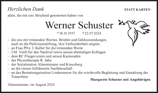 Traueranzeige von Werner Schuster von Hohenloher Tagblatt