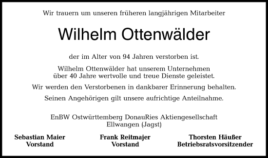 Traueranzeige von Wilhelm Ottenwälder von Hohenloher Tagblatt