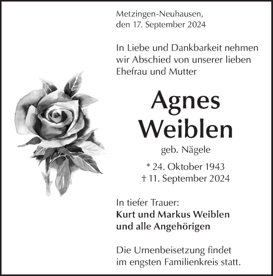 Traueranzeige von Agnes Weiblen von Alb-Bote/Metzinger-Uracher Volksblatt