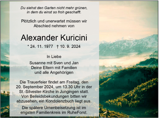 Traueranzeige von Alexander Kuricini von SÜDWEST PRESSE Zollernalbkreis/Hohenzollerische Zeitung