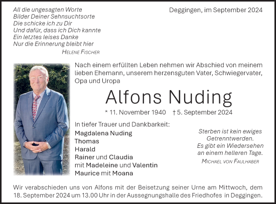 Traueranzeige von Alfons Nuding von Geislinger Zeitung