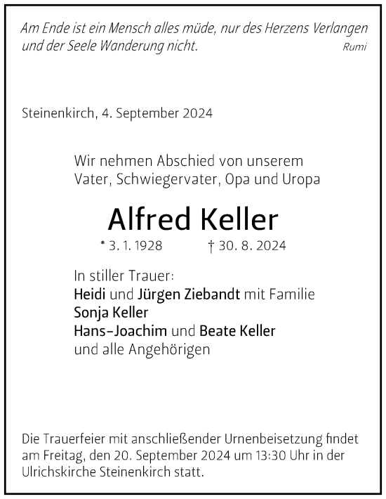 Traueranzeige von Alfred Keller von Geislinger Zeitung