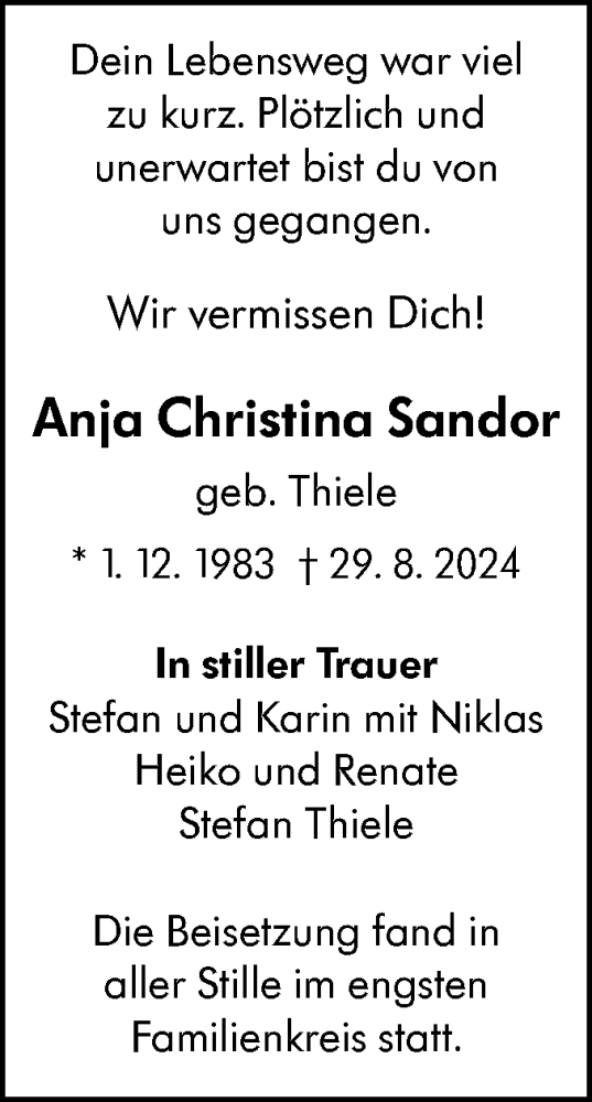  Traueranzeige für Anja Christina Sandor vom 28.09.2024 aus NWZ Neue Württembergische Zeitung