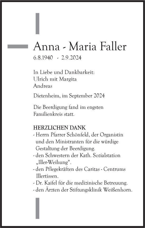 Traueranzeige von Anna-Maria Faller von SÜDWEST PRESSE Ausgabe Ulm/Neu-Ulm