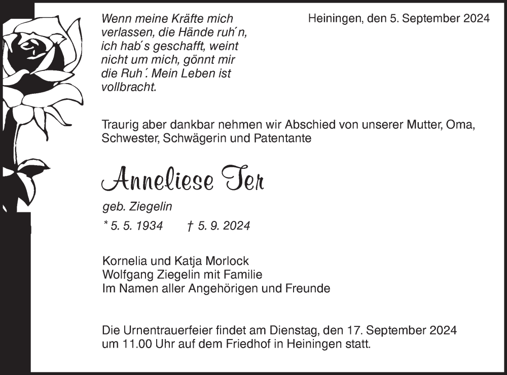  Traueranzeige für Anneliese Ter vom 12.09.2024 aus NWZ Neue Württembergische Zeitung