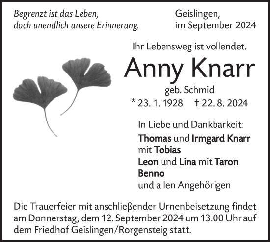 Traueranzeige von Anny Knarr von Geislinger Zeitung