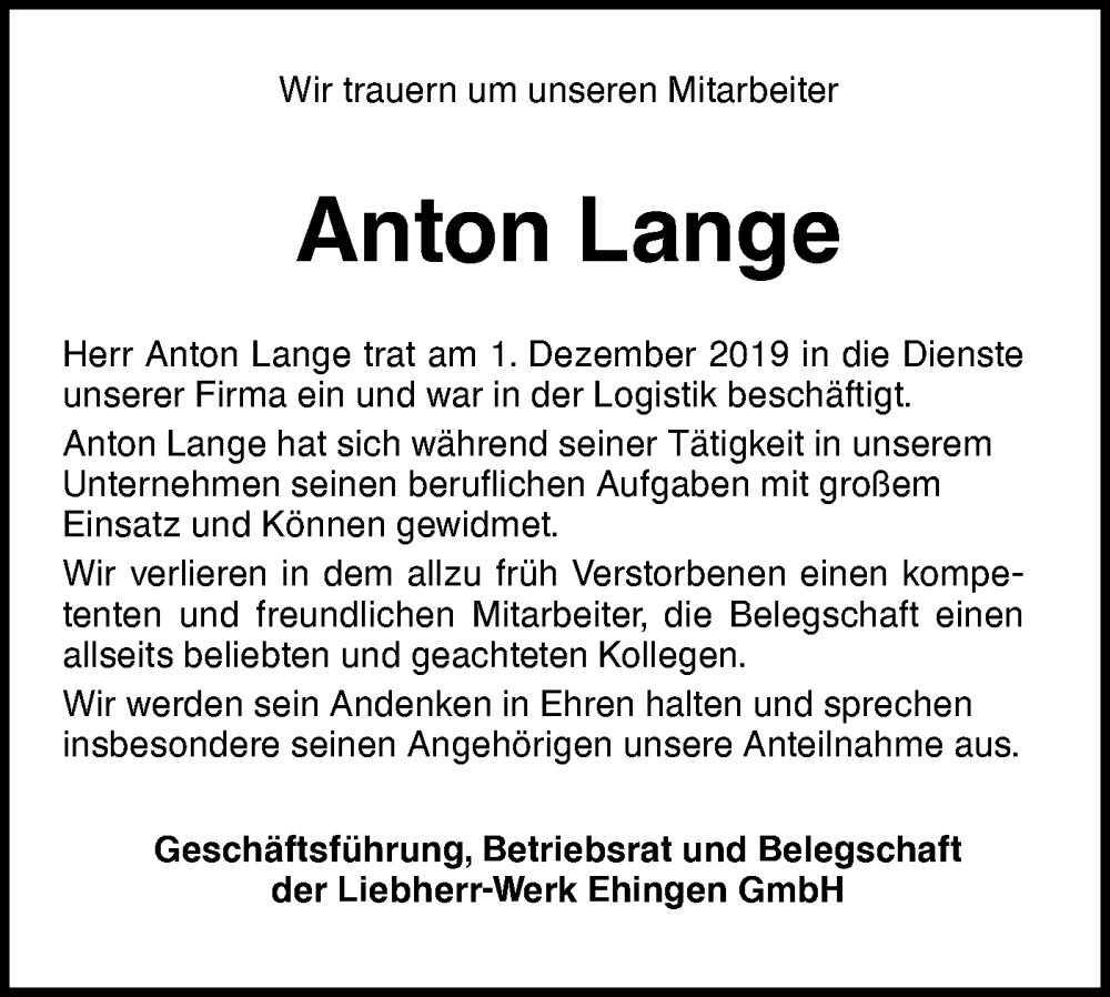  Traueranzeige für Anton Lange vom 14.09.2024 aus SÜDWEST PRESSE Ausgabe Ulm/Neu-Ulm