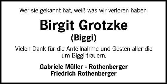 Traueranzeige von Birgit Grotzke von Hohenloher Tagblatt