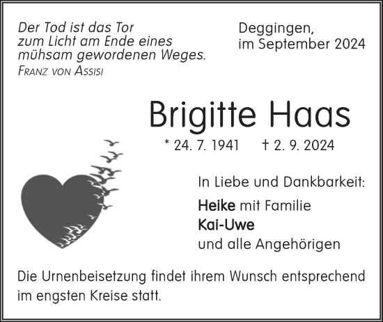 Traueranzeige von Brigitte Haas von Geislinger Zeitung