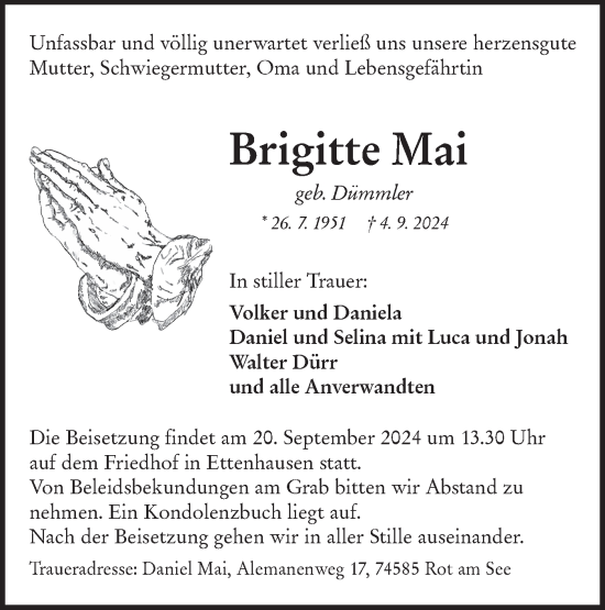 Traueranzeige von Brigitte Mai von Hohenloher Tagblatt