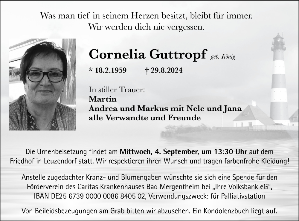  Traueranzeige für Cornelia Guttropf vom 03.09.2024 aus Hohenloher Tagblatt