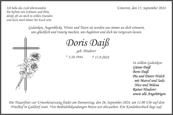 Traueranzeige von Doris Daiß von Rundschau Gaildorf