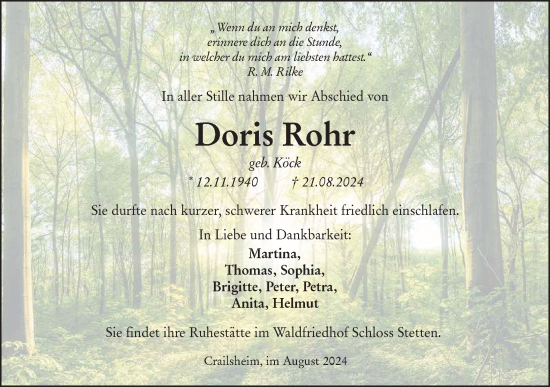 Traueranzeige von Doris Rohr von Hohenloher Tagblatt