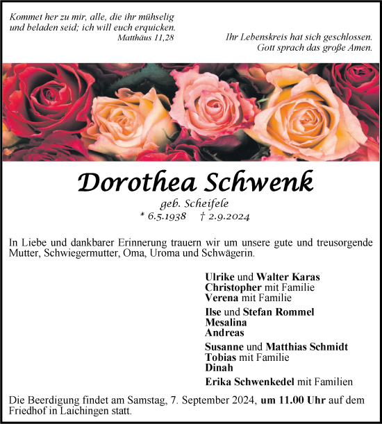 Traueranzeige von Dorothea Schwenk von SÜDWEST PRESSE Ausgabe Ulm/Neu-Ulm