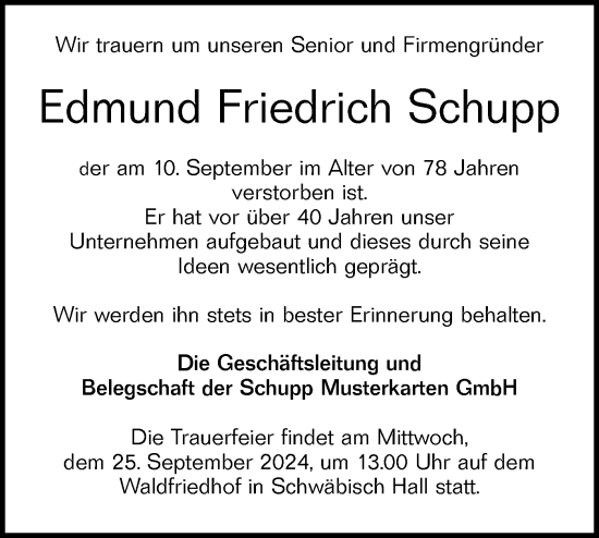 Traueranzeige von Edmund Friedrich Schupp von Haller Tagblatt