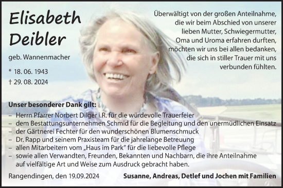 Traueranzeige von Elisabeth Deibler von SÜDWEST PRESSE Zollernalbkreis/Hohenzollerische Zeitung