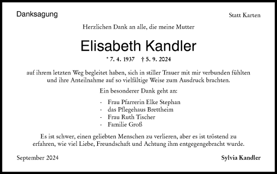 Traueranzeige von Elisabeth Kandler von Hohenloher Tagblatt