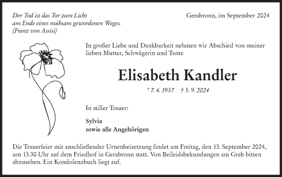 Traueranzeige von Elisabeth Kandler von Hohenloher Tagblatt