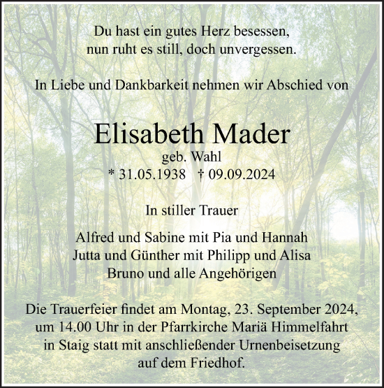 Traueranzeige von Elisabeth Mader von SÜDWEST PRESSE Ausgabe Ulm/Neu-Ulm