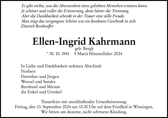 Traueranzeige von Ellen-Ingrid Kahrmann von NWZ Neue Württembergische Zeitung