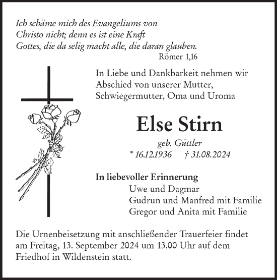 Traueranzeige von Else Stirn von Hohenloher Tagblatt