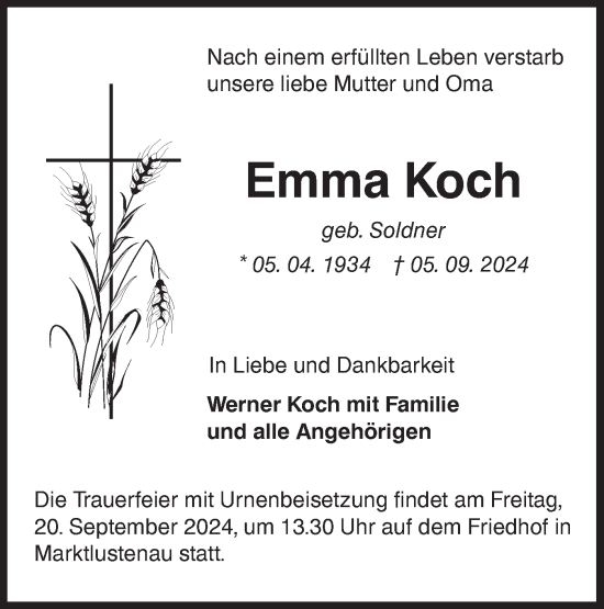 Traueranzeige von Emma Koch von Hohenloher Tagblatt