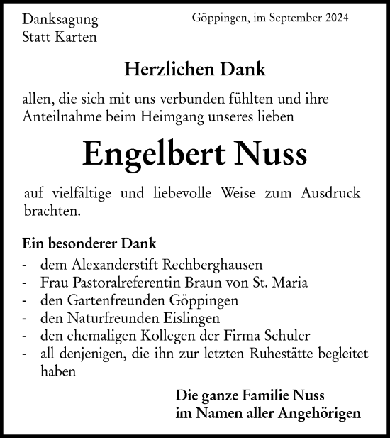 Traueranzeige von Engelbert Nuss von NWZ Neue Württembergische Zeitung