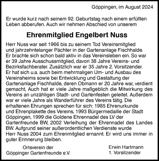 Traueranzeige von Engelbert Nuss von NWZ Neue Württembergische Zeitung