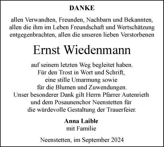 Traueranzeige von Ernst Wiedenmann von SÜDWEST PRESSE Ausgabe Ulm/Neu-Ulm